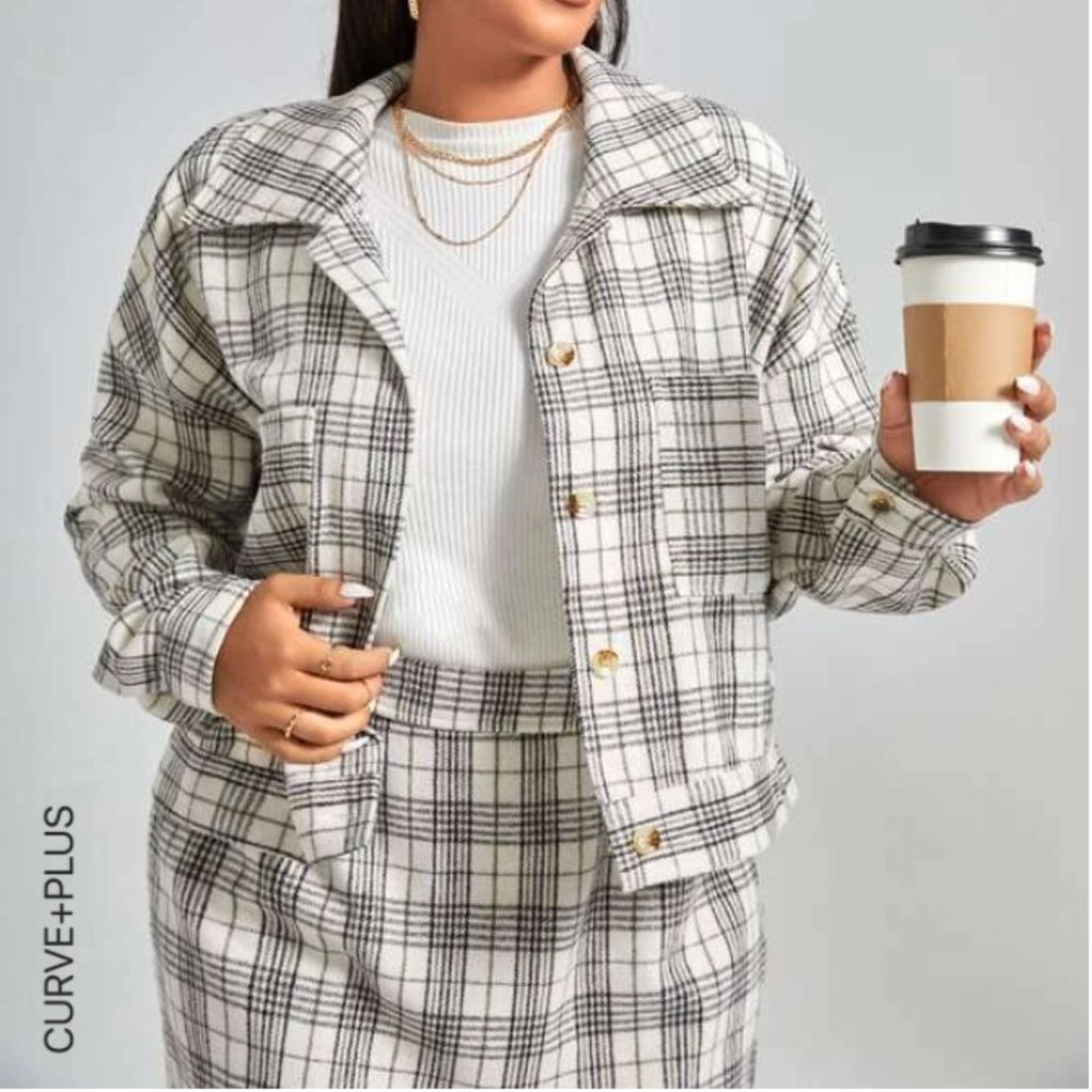 ✅ Plus Plaid Print Drop Shoulder Jacket (only)